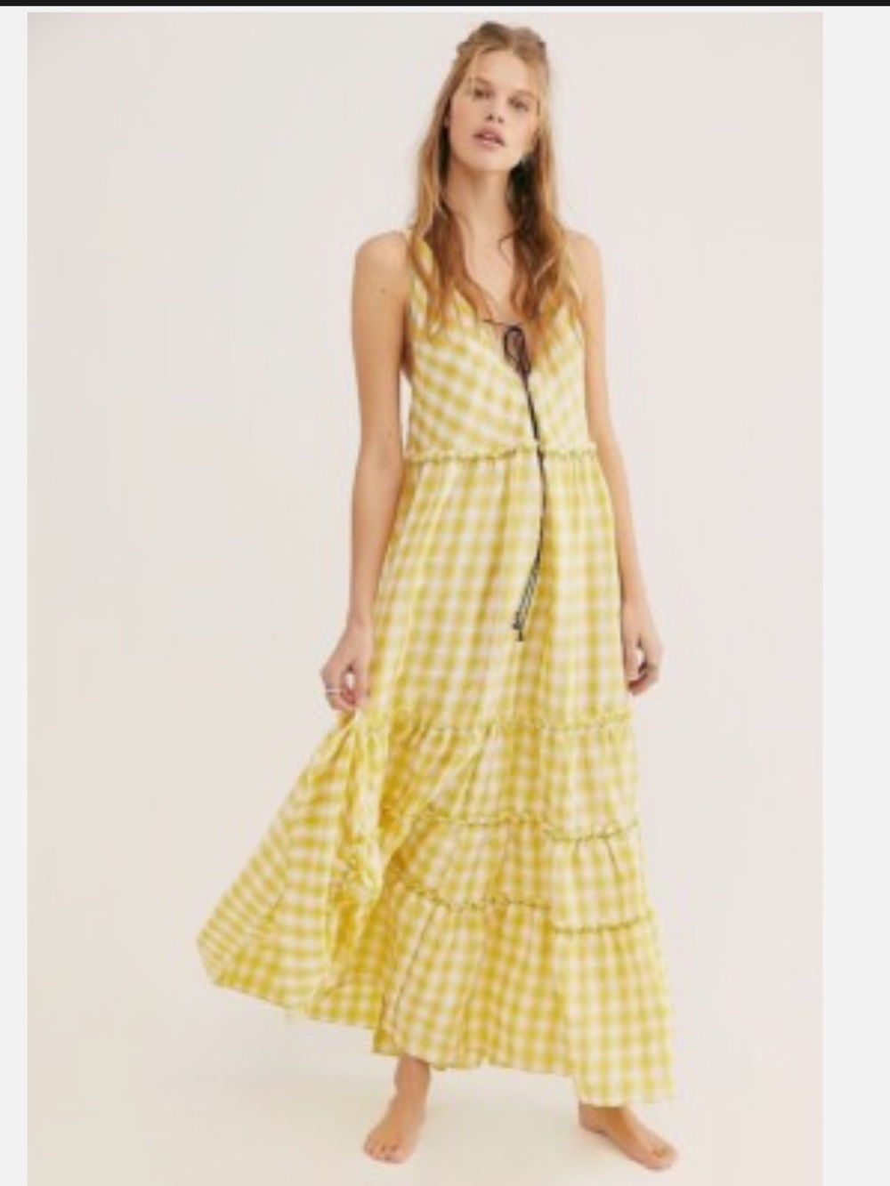 Free People Beach Club Yellow Gingham Tiered Maxi Dress - Sleeveless